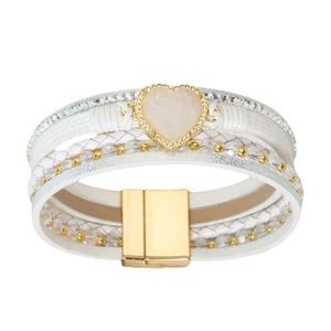 White Leather Multi Layer Heart Druzy Crystal Beaded Magnetic Bracelet